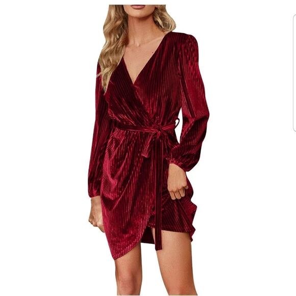 Solid Color V-neck Sweater Dress With Waist Belt small - Picture 2 of 10